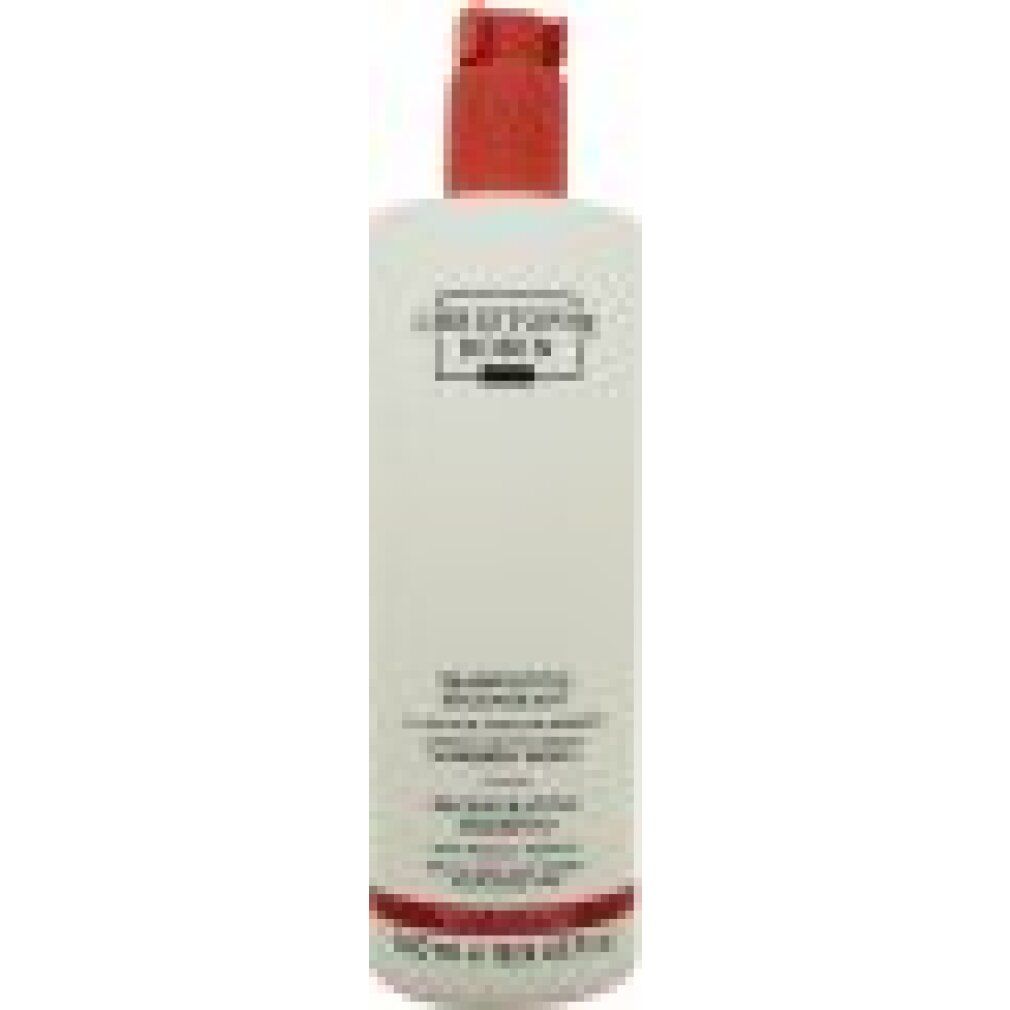 Rückseite der weißen Shampoo-Flasche mit rotem Pumpkopf. Text und Inhaltsstoffe sind sichtbar.