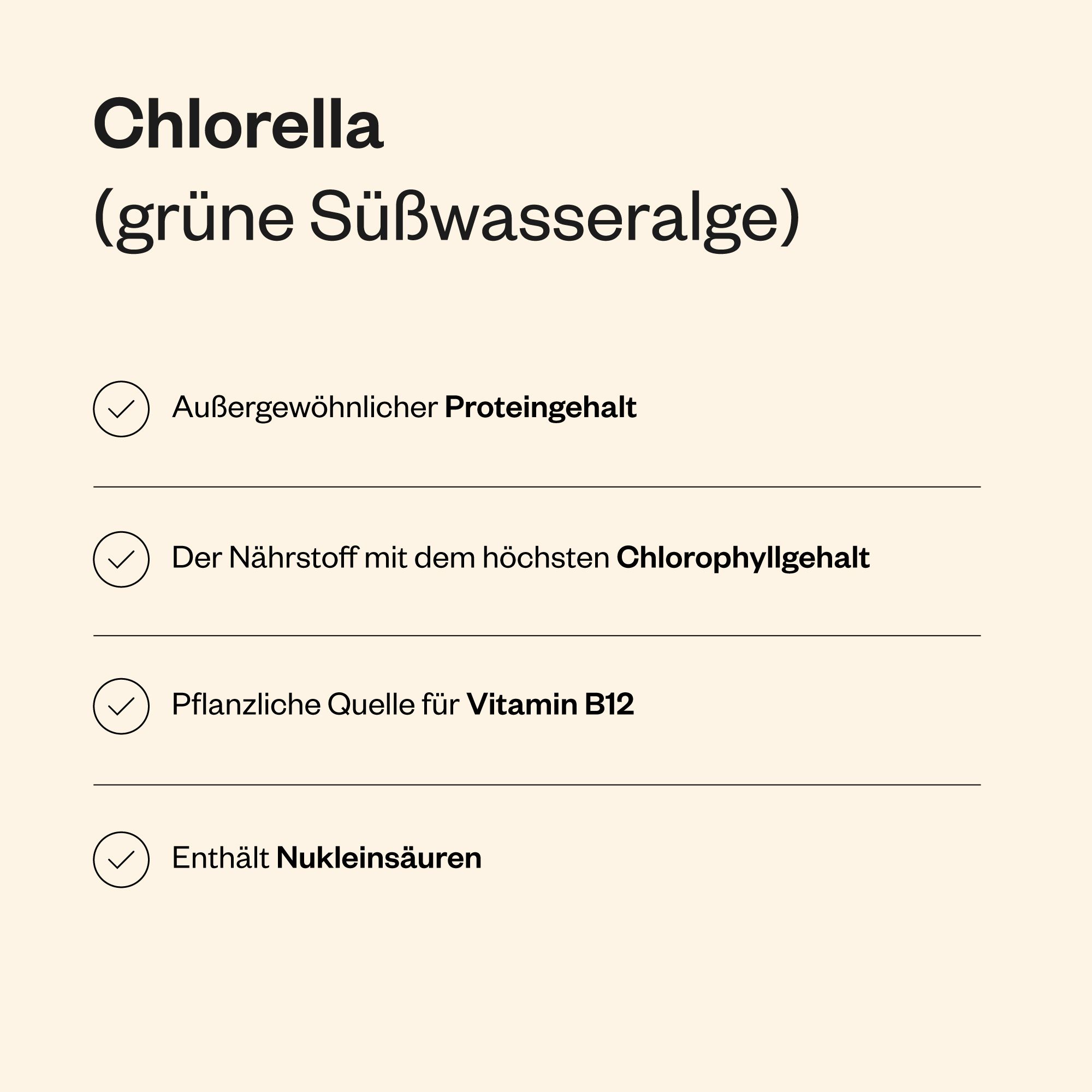 Chlorella-Produktinformationen. Text: Chlorella (grüne Süßwasseralge). Vorteile: Proteingehalt, Chlorophyll, Vitamin B12, Nukleinsäuren.