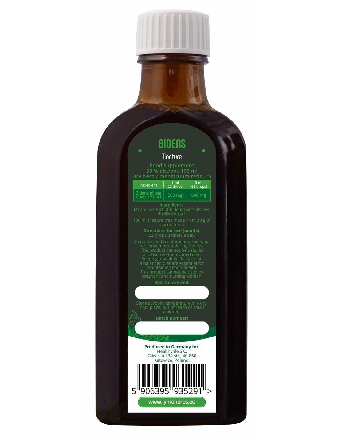 Rückseite der Flasche. Etikett mit Text: Bidens, Zutaten, Gebrauchsanweisung, Herstellerinformationen und Barcode.