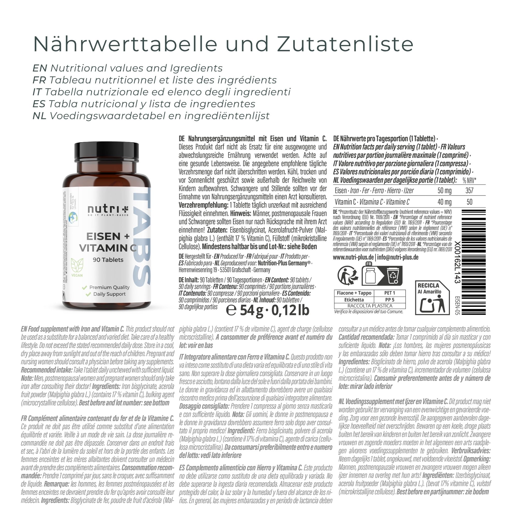 nutri+ Eisen Tabletten + Vitamin C - 90 Eisentabletten 50mg