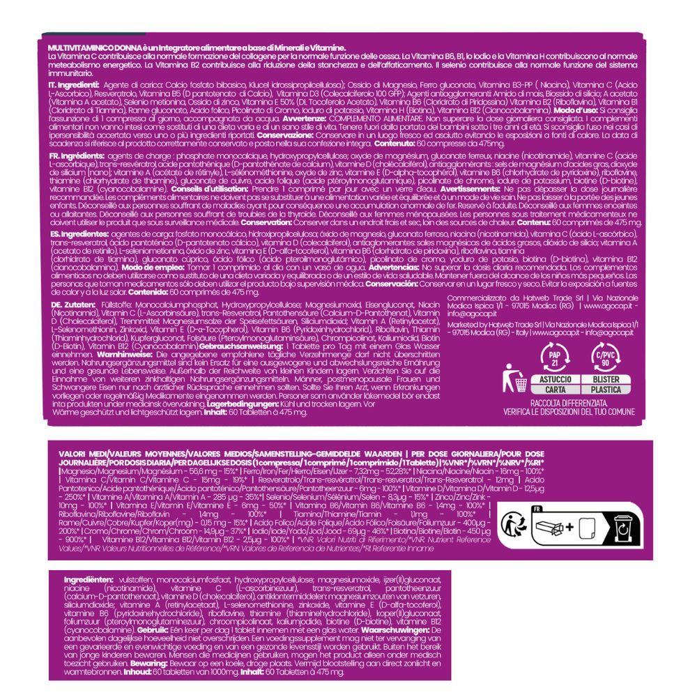 Rückseite der Multivitamin Donna-Verpackung. Enthält Informationen zu Inhaltsstoffen und Dosierung.