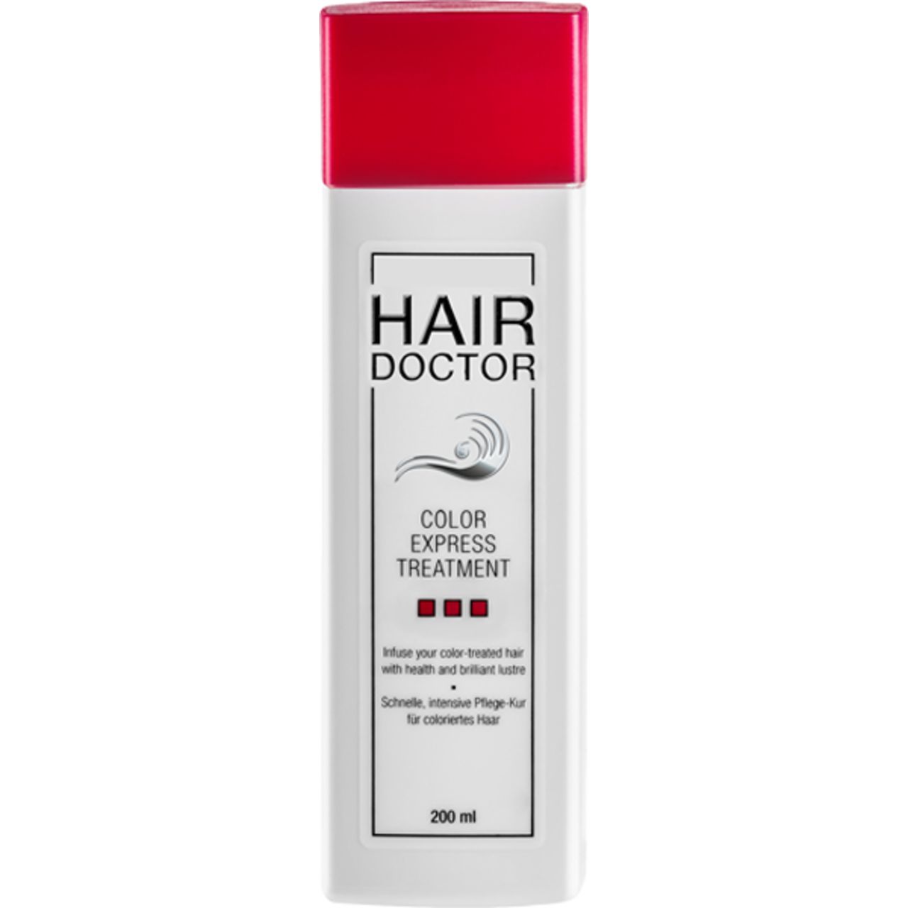 Flasche mit rotem Deckel. Aufschrift: HAIR DOCTOR COLOR EXPRESS TREATMENT. 200 ml.
