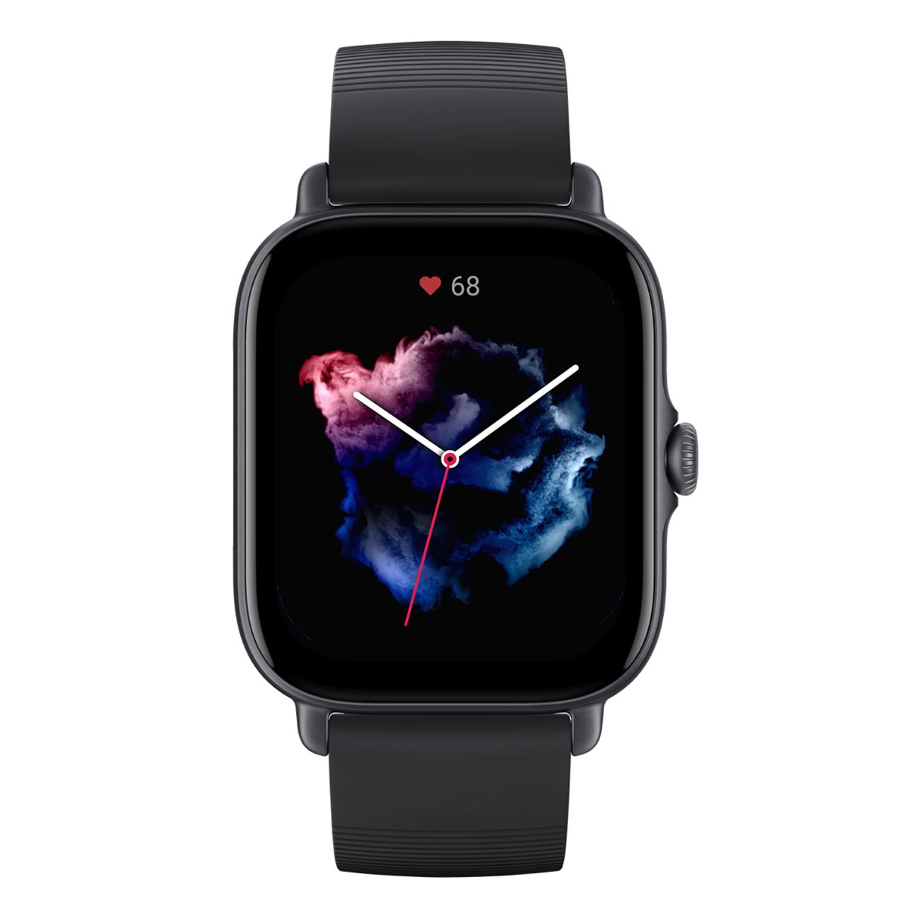 Schwarze Smartwatch mit quadratischem Display. Herzfrequenzanzeige auf dem Bildschirm. Schwarzes Armband.