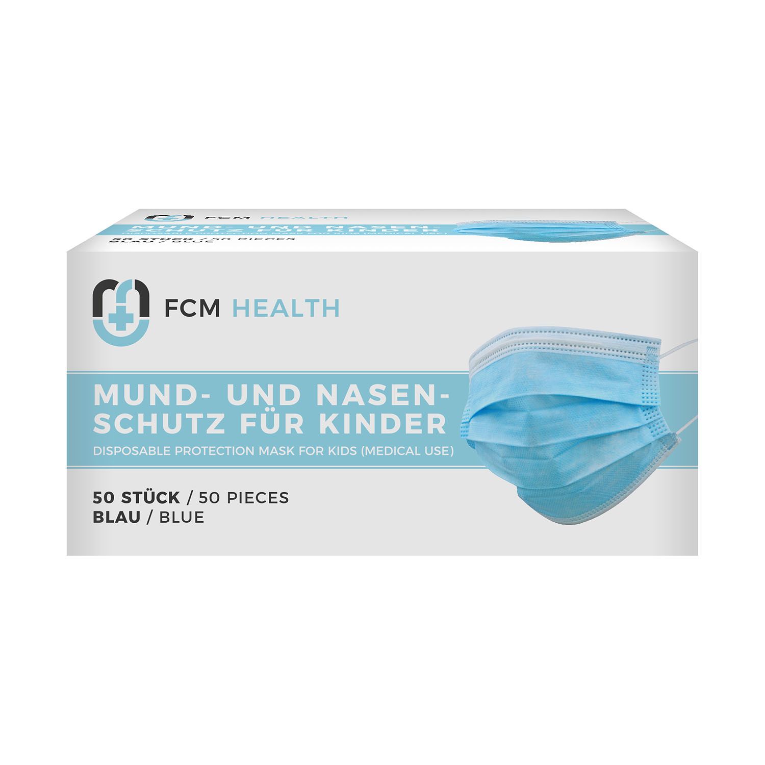 Verpackung mit blauem Mund-Nasen-Schutz für Kinder. 50 Stück. FCM HEALTH Logo und Produktbezeichnung.