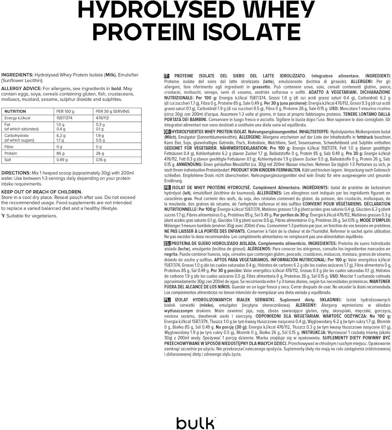 Text auf weißem Hintergrund. Enthält Informationen zu Inhaltsstoffen, Nährwerten und Allergenen. Logo "bulk" am unteren Rand.