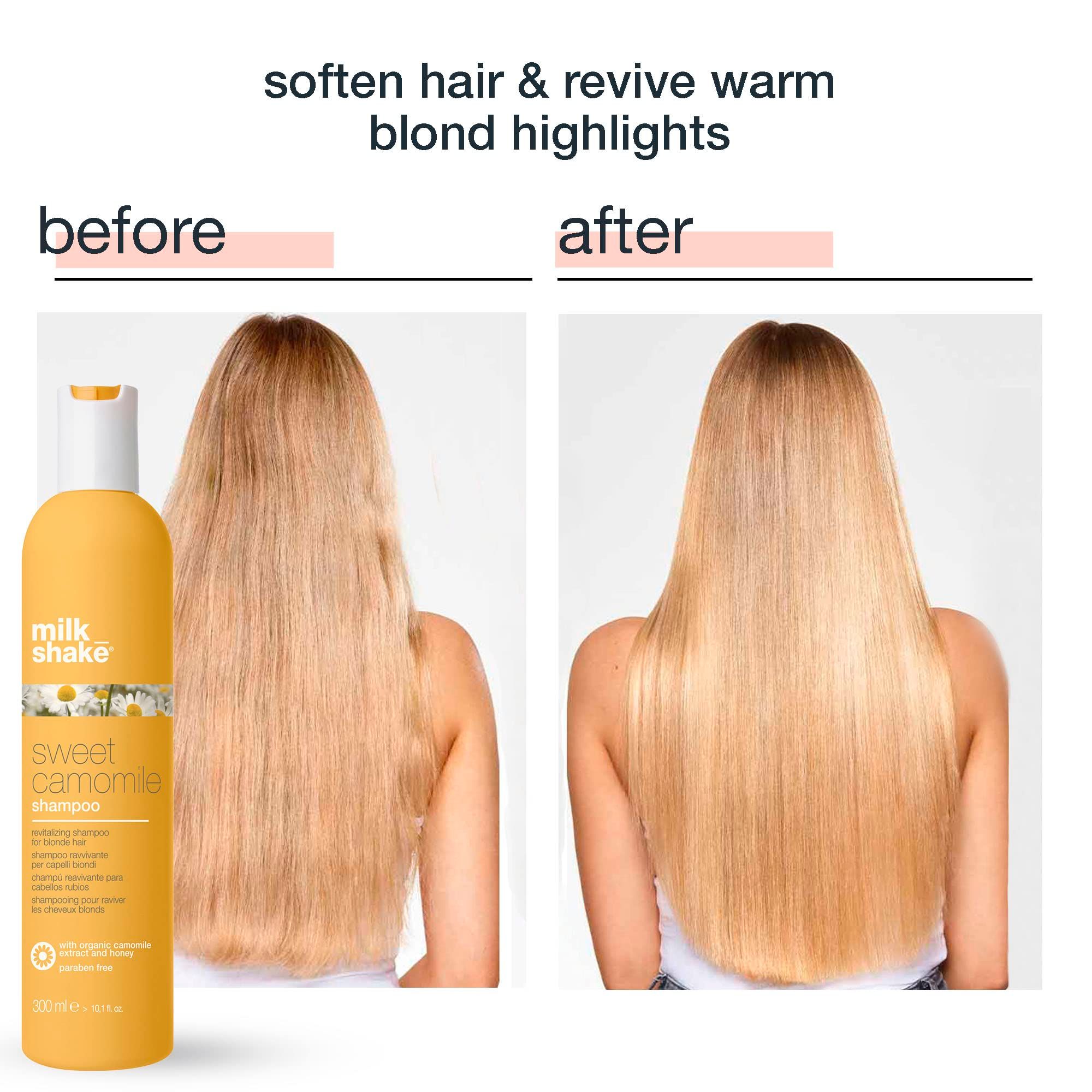 Vorher-Nachher-Vergleich von blondem Haar. Links: ungepflegtes Haar. Rechts: glänzendes Haar. Flasche mit Shampoo.