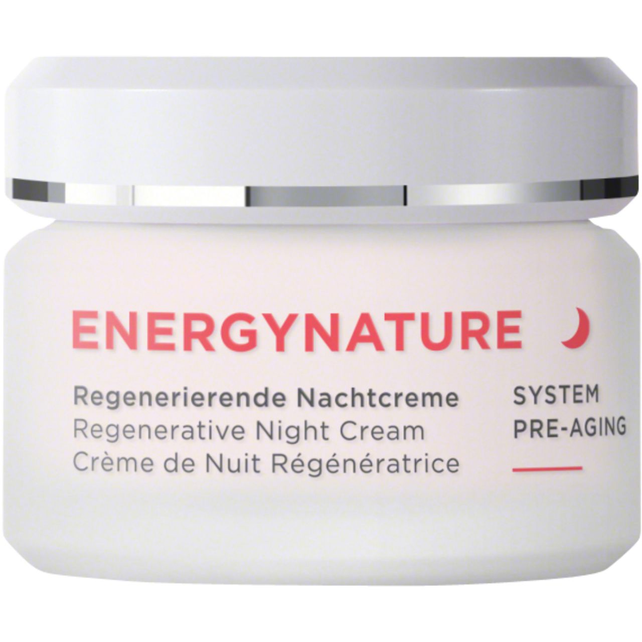 Creme-Tiegel mit weißem Deckel. Aufschrift ENERGYNATURE. Regenerierende Nachtcreme. SYSTEM PRE-AGING.