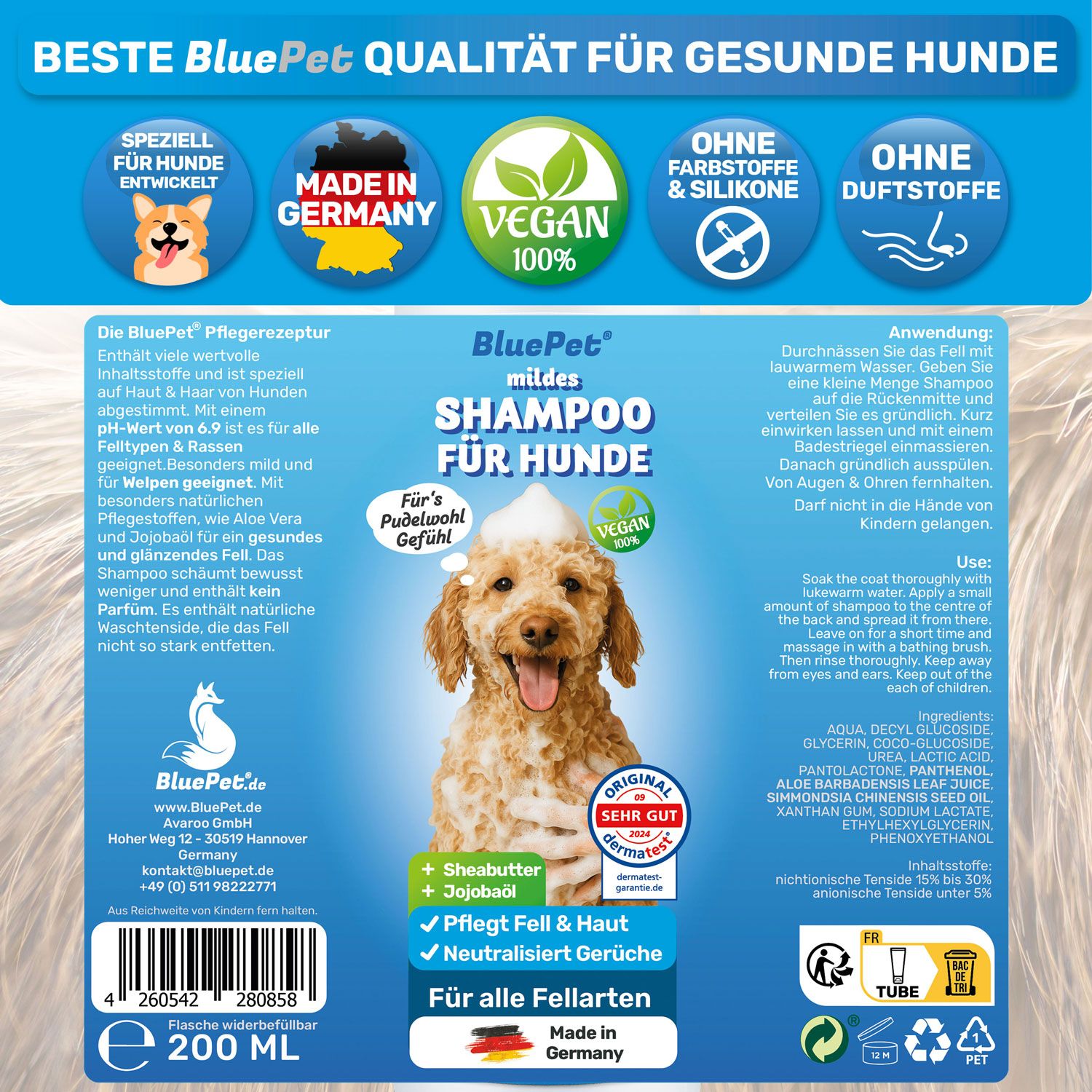 Rückseite der Shampoo-Flasche. Text: Inhaltsstoffe, Anwendung, pH-Wert 6.9, vegan. Dermatest-Siegel.