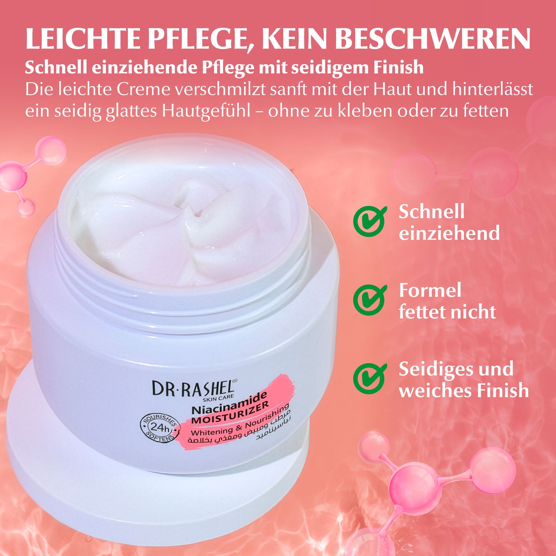 Dr. Rashel Niacinamide Moisturizer Tiegel mit weißer Creme. Schnelleinziehend, nicht fettend, seidiges Finish.