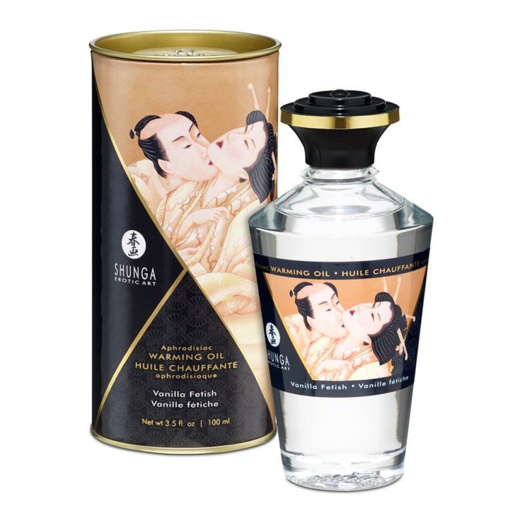 Shunga massageolie met vanille aroma. Fles en verpakking met afbeelding van een paar. Tekst: Warming Oil, Vanilla Fetish.