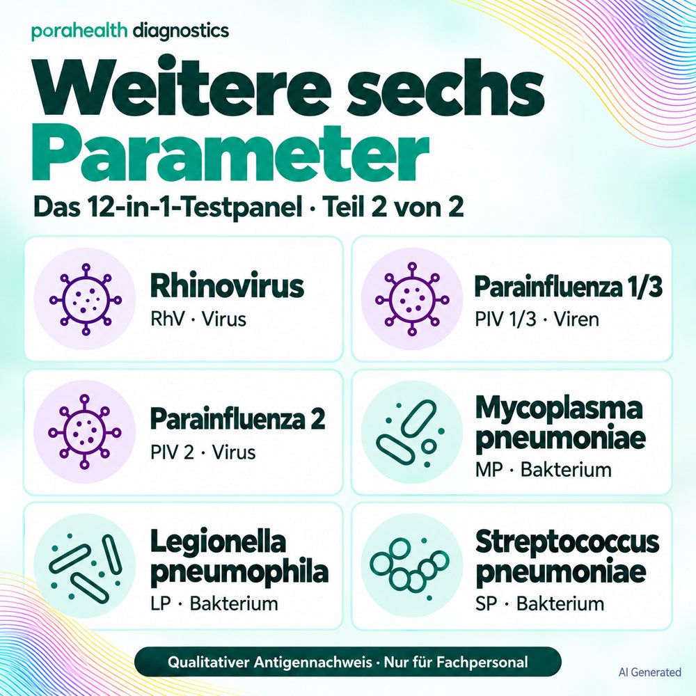 Übersicht über sechs weitere Parameter eines 12-in-1-Testpanels für Atemwegserkrankungen.