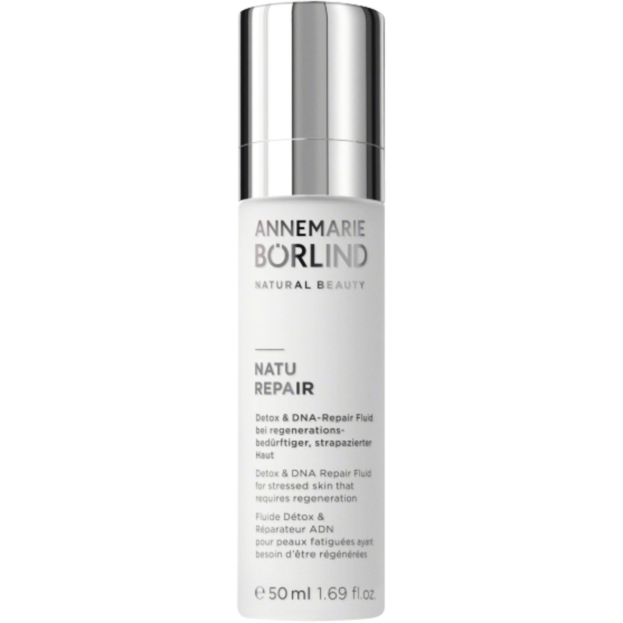 ANNEMARIE BÖRLIND Flasche. NATU REPAIR Detox & DNA-Repair Fluid. Silberner Deckel. 50 ml.