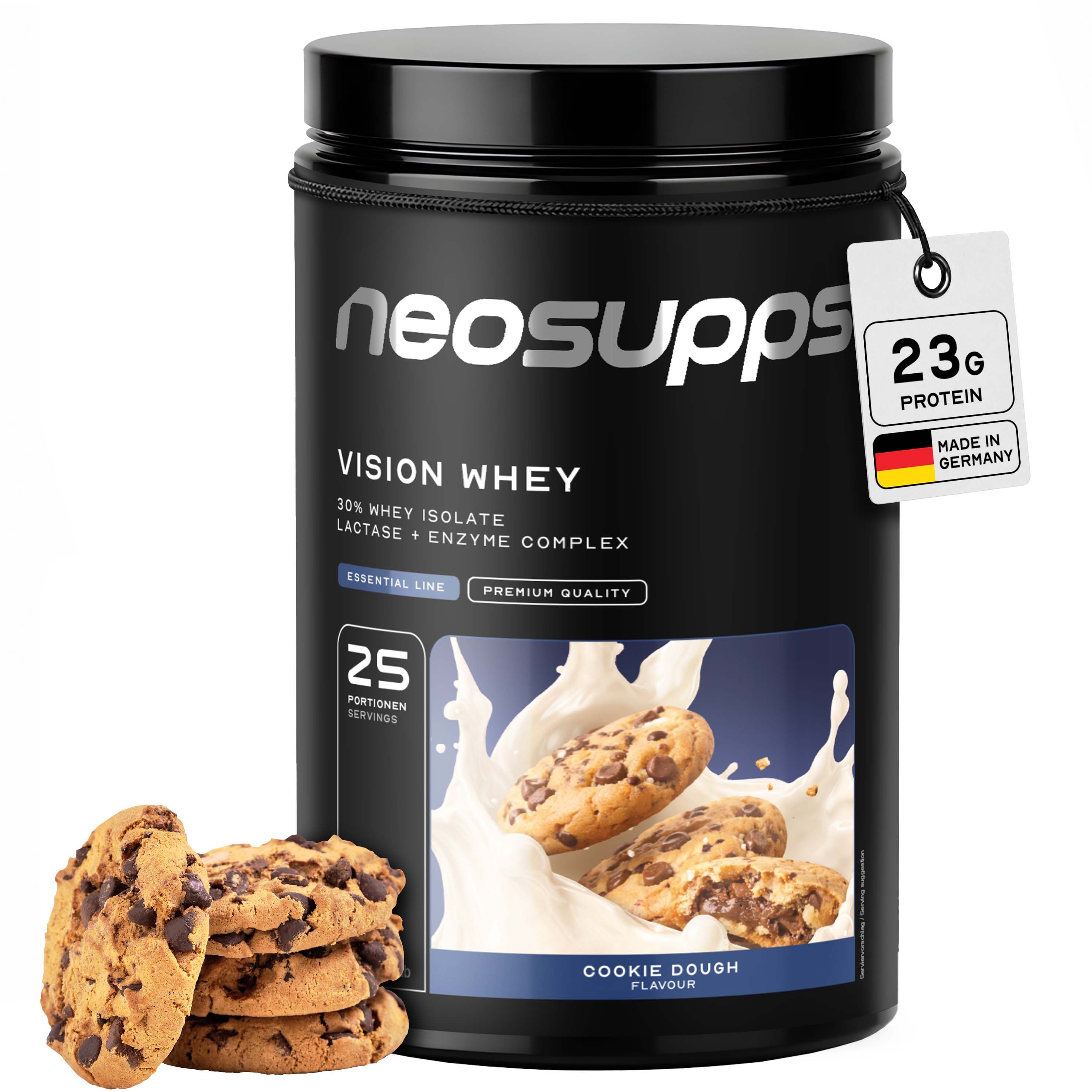 Neosupps Vision Whey Protein Cookie Dough Dose mit Keksen und Milch.