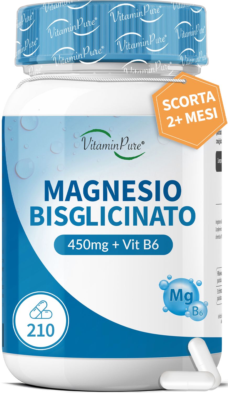 Flacone di Magnesio Bisglicinato. Testo: 450mg + Vit B6. 210 capsule. Adesivo: Scorta per 2+ mesi.