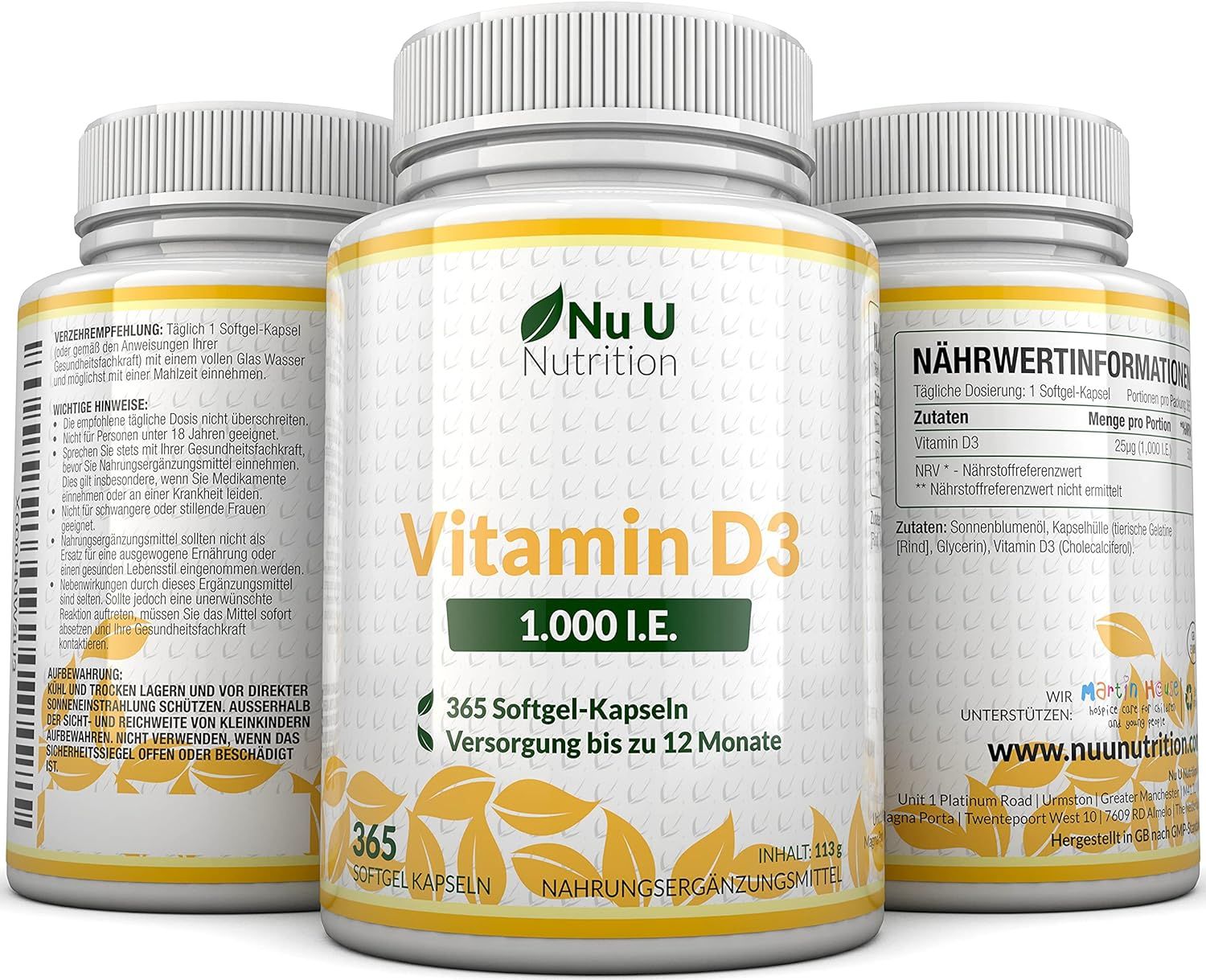 Drei Flaschen Vitamin D3 nebeneinander. Aufschrift: "Vitamin D3 1.000 I.E." und "365 Softgel-Kapseln".