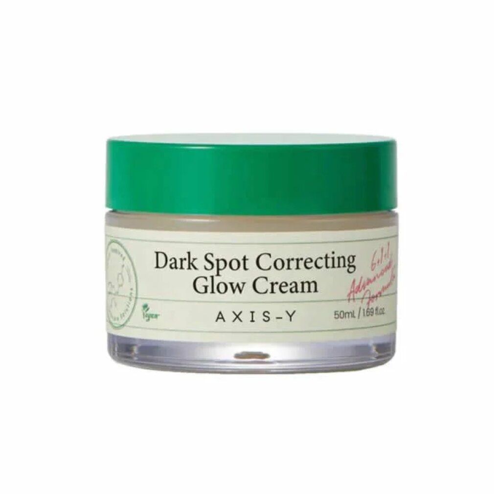 AXIS-Y Dark Spot Correcting Glow Cream in einem Glasbehälter mit grünem Deckel.
