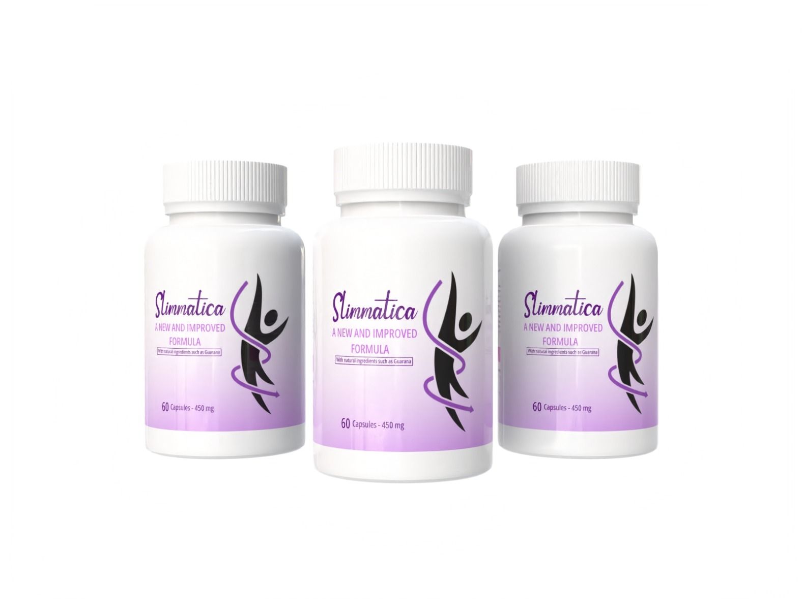 Drei weiße Pillendosen mit lila Etikett. Aufschrift: Slimmatica, neue Formel. 60 Kapseln, 450 mg.