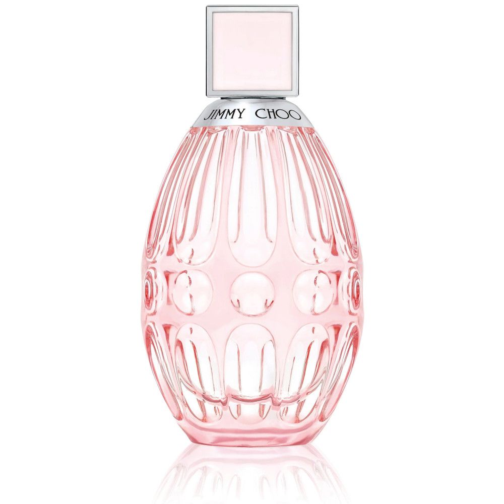 Rosa Flakon mit silbernem Verschluss. Aufschrift "JIMMY CHOO". Tropfenförmiger Körper mit geriffelter Oberfläche.