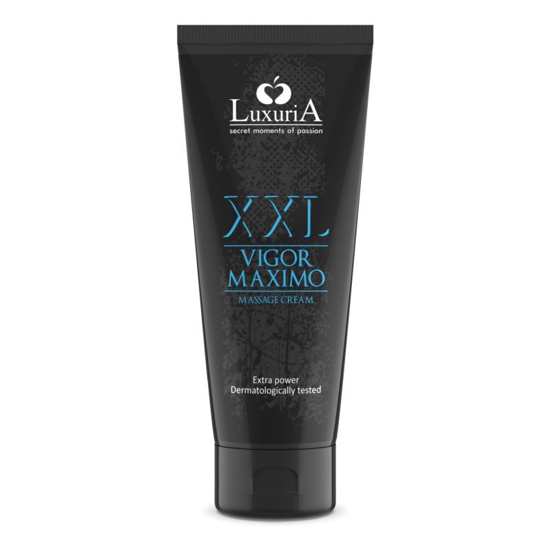 Schwarze Tube mit Produktnamen LuxuriA, XXL Vigor Maximo Massage Cream. Text: Dermatologisch getestet.