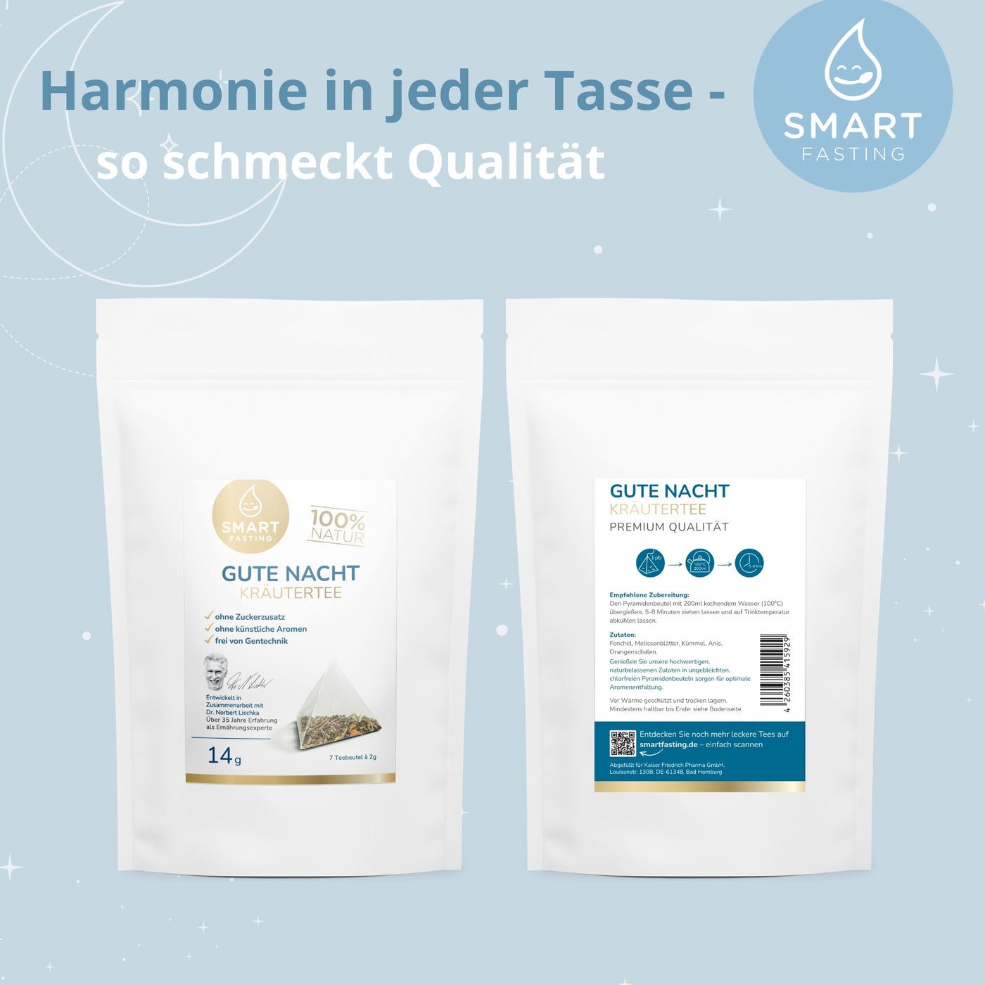 Zwei weiße Beutel mit Kräutertee. Text: Gute Nacht Kräutertee, 14g. Ohne Zuckerzusatz, ohne künstliche Aromen. Rückseite mit Informationen.
