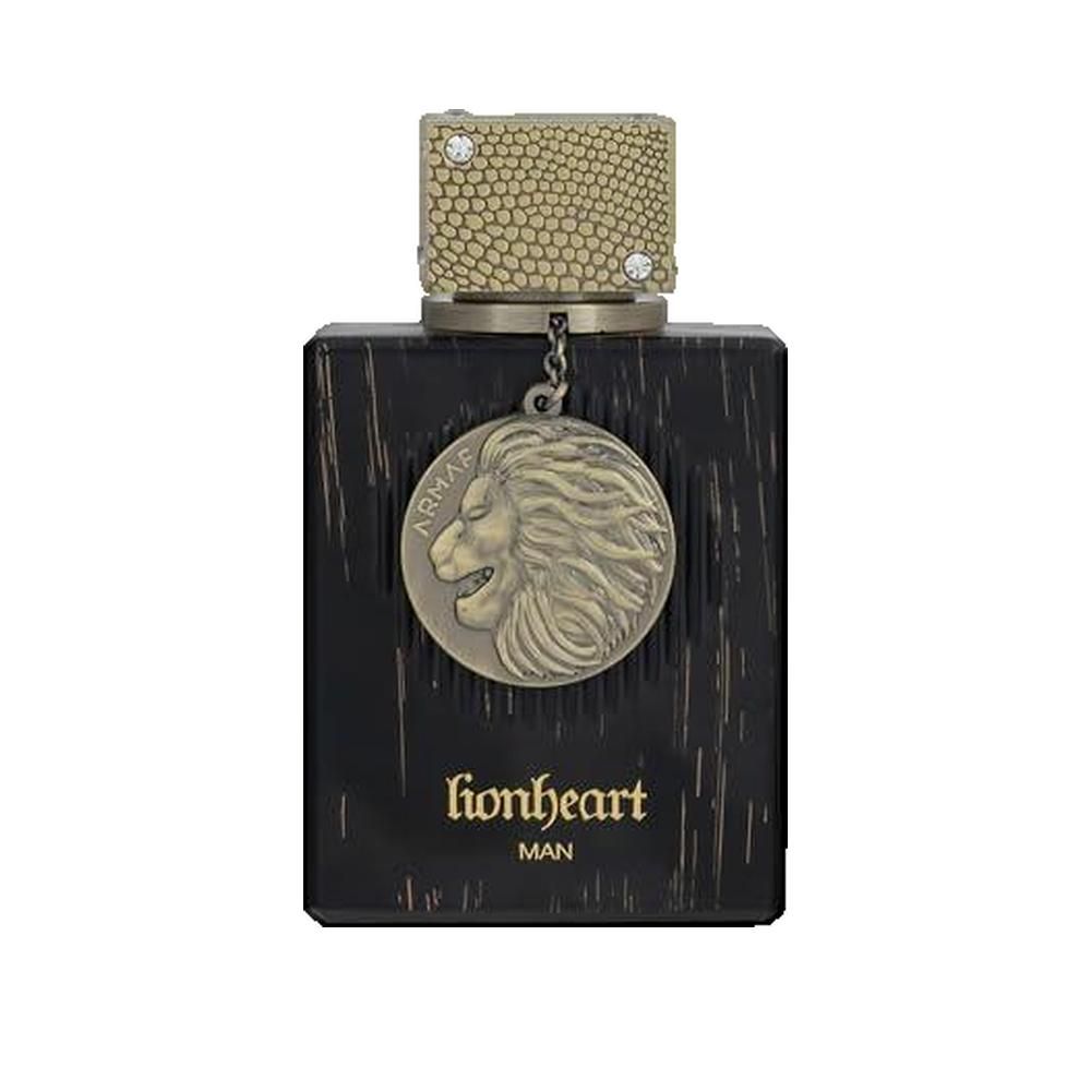 Parfümflakon mit schwarzem Holzmaserungsdesign. Ein Anhänger mit Löwenkopf und der Aufschrift "Armaf". Der Deckel ist goldfarben.