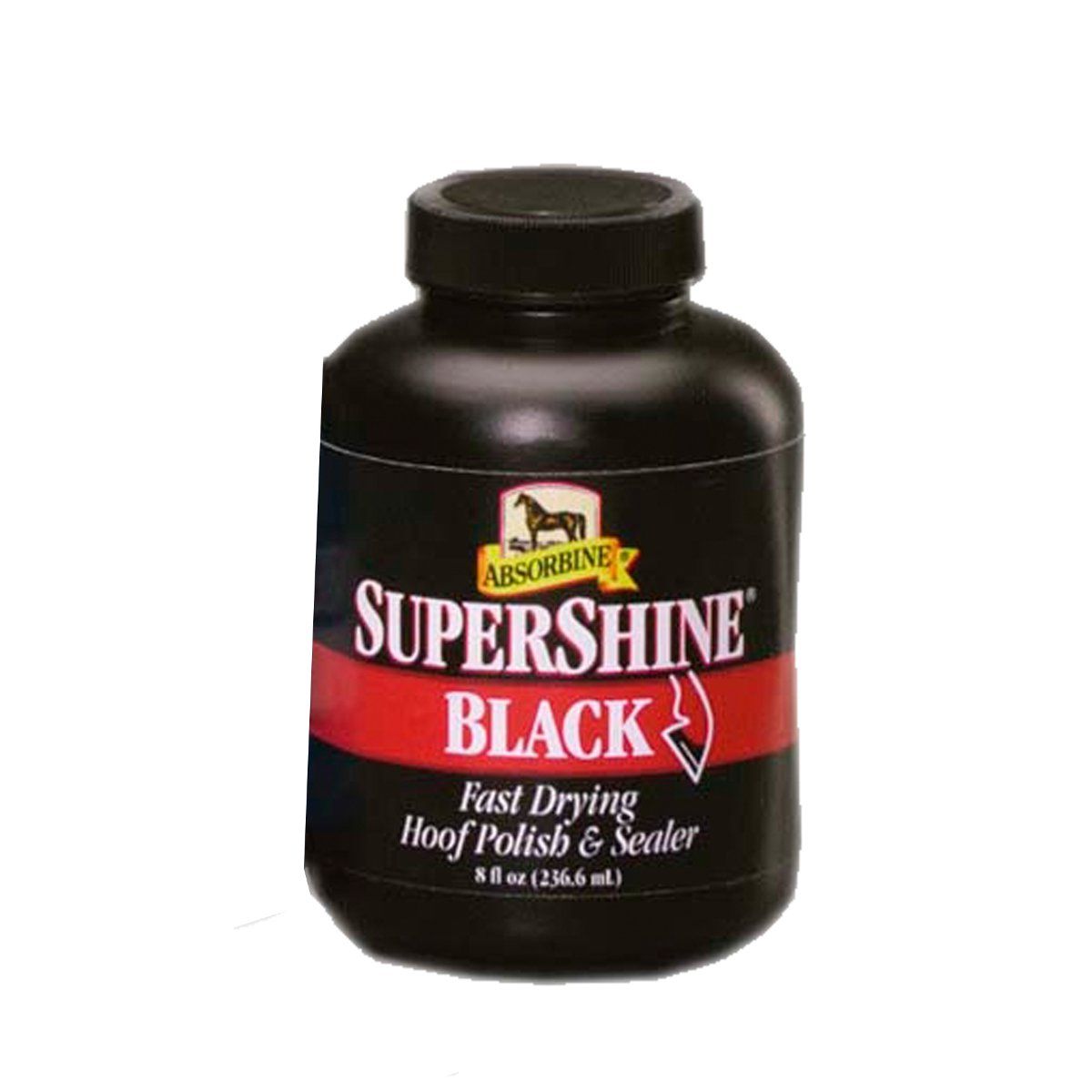 Schwarze Flasche mit schwarzem Deckel. Aufschrift: ABSORBINE SUPERSHINE BLACK, Hufpolitur & Versiegelung. 8 fl oz (236,6 ml).