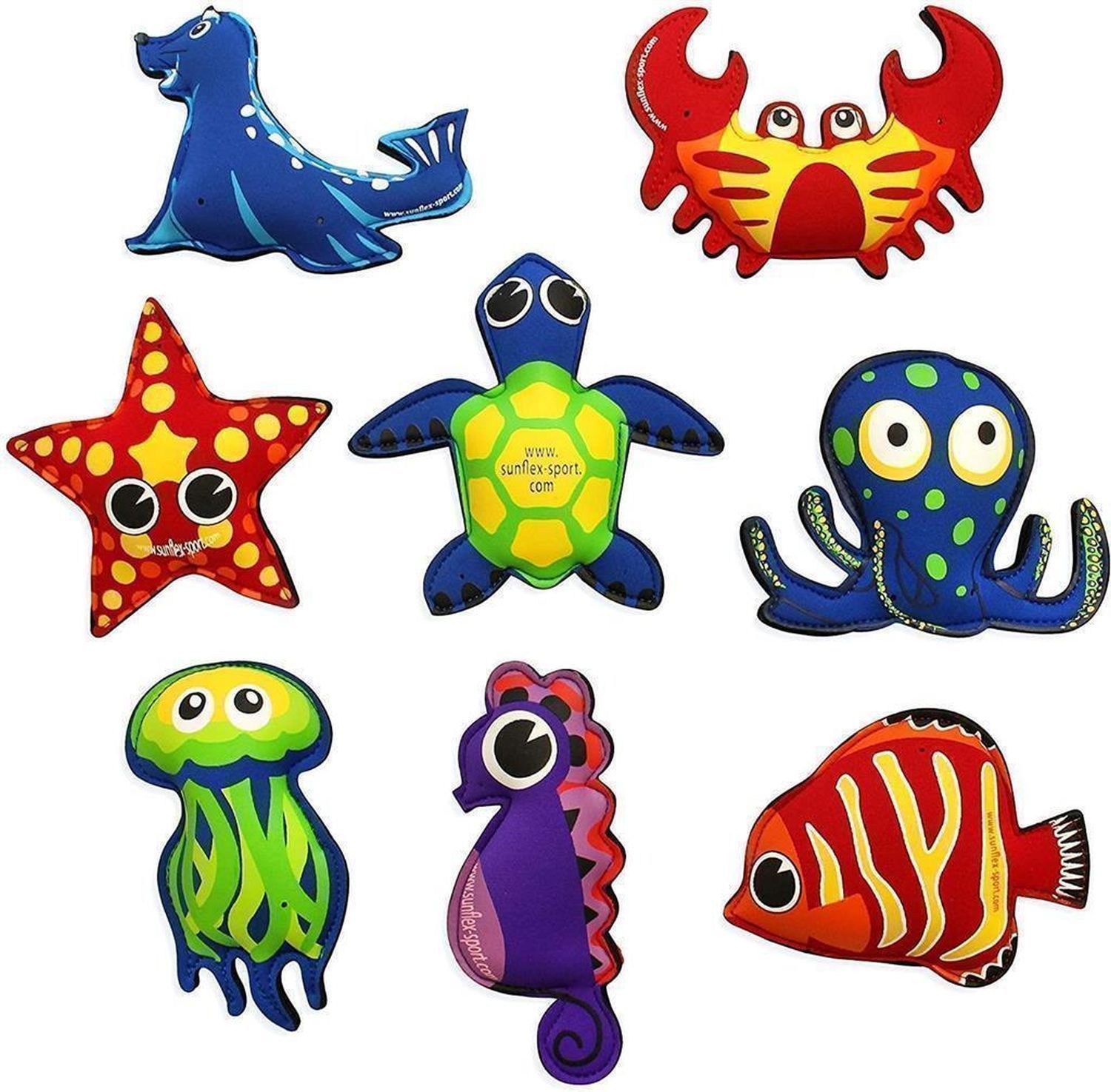 Verschiedene Wasserspieltiere: Robbe, Krabbe, Seestern, Schildkröte, Oktopus, Qualle, Seepferdchen, Fisch.