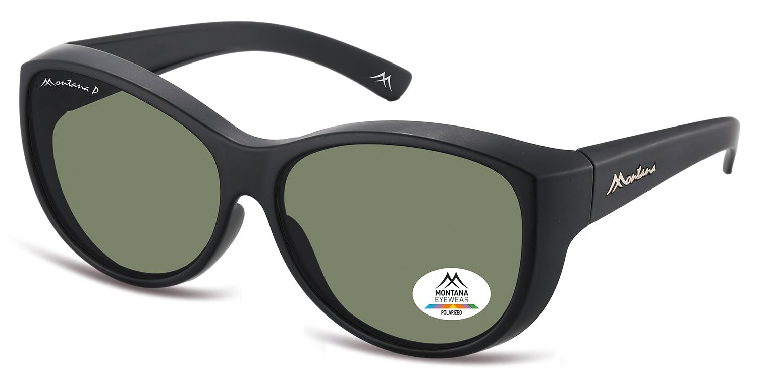 Schwarze Sonnen-Überbrille, seitliche Ansicht. Grünes Glas, Montana Eyewear Logo auf Bügel und Glas. Polarisiert.