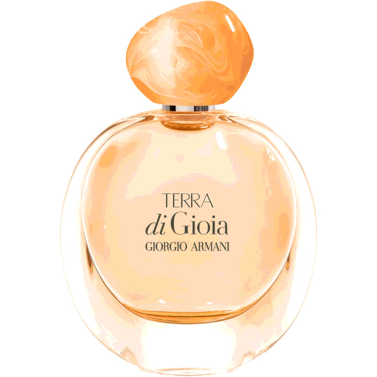 Runder Flakon Terra di Gioia von Giorgio Armani. Orangefarbener Inhalt, Deckel mit marmoriertem Effekt. Schriftzug.