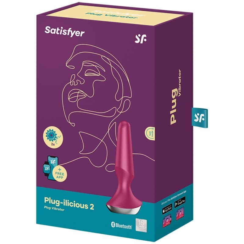 Verpackung mit Produktabbildung. Aufschrift: Satisfyer, Plug-ilicious 2, Plug Vibrator. Rosa Plug-Vibrator sichtbar.