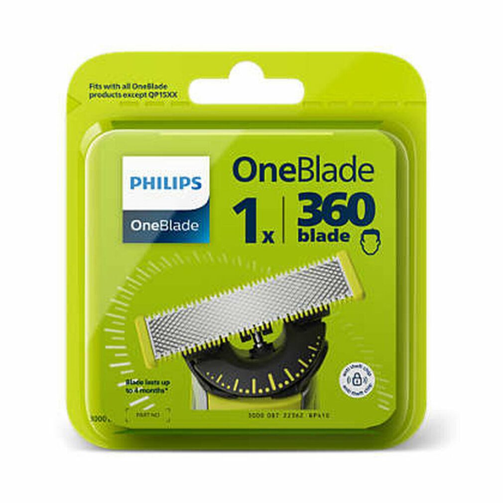 Verpackung mit Rasierklingen. Philips OneBlade, 1 Klinge, 360 Blade. Gelb-grüne Verpackung.