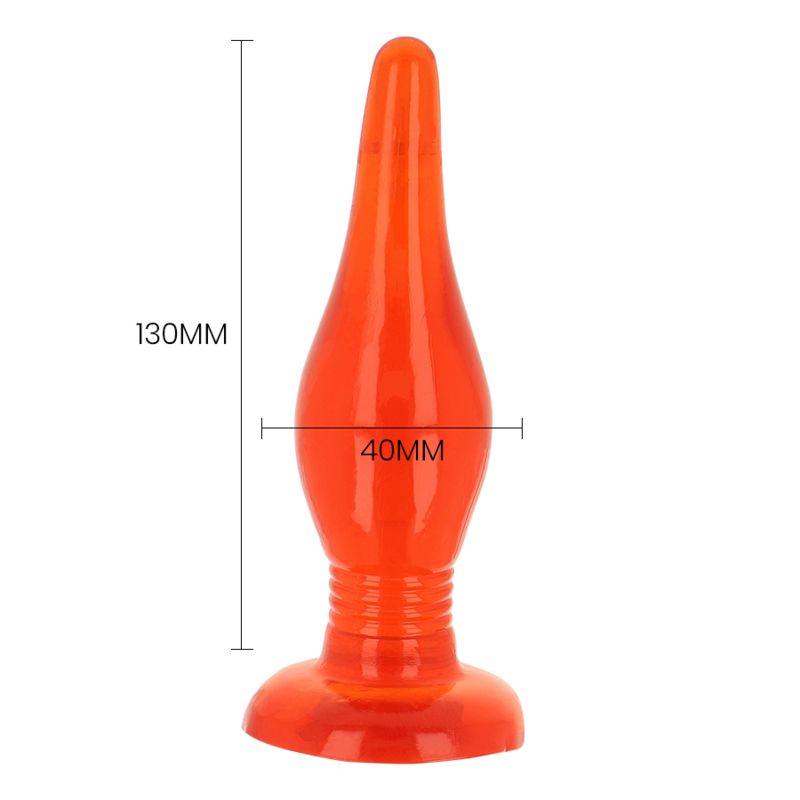Orangener Analplug mit Maßangaben. Länge 130mm, Breite 40mm. Konische Form, breite Basis.