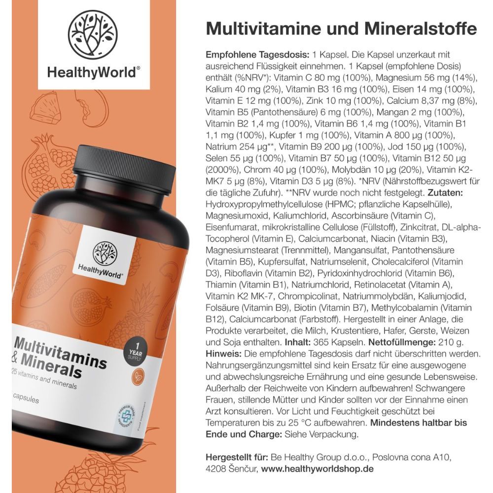 Flasche mit Kapseln. Aufschrift: Multivitamine und Mineralstoffe. 365 Kapseln. Logo: HealthyWorld.