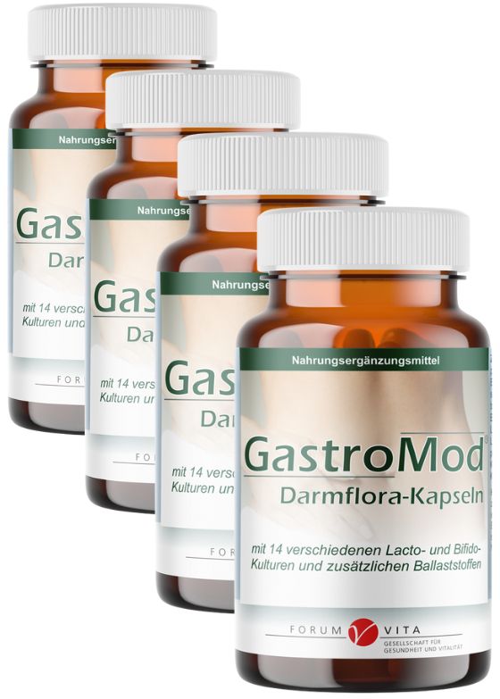 Vier Flaschen GastroMod Darmflora-Kapseln. Braune Flaschen mit weißem Deckel. Text: Nahrungsergänzungsmittel. Forum Vita Logo.