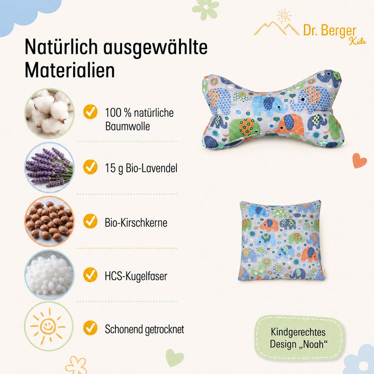 Materialien: Baumwolle, Lavendel, Kirschkerne, HCS-Faser. Kissen mit Elefantenmuster.
