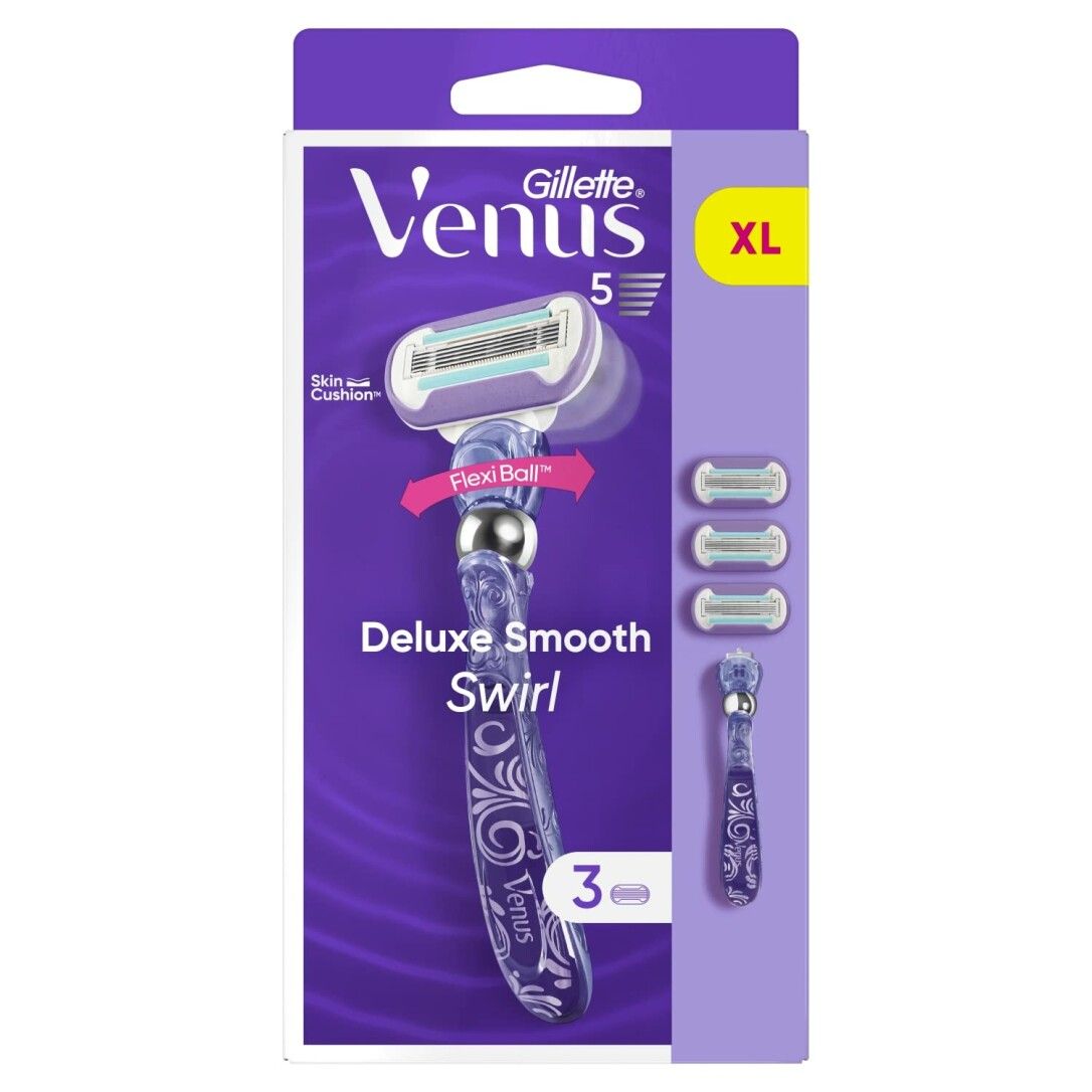 Gillette Venus Deluxe Smooth Swirl Rasierer in Verpackung. Enthält Rasierer, 3 Klingen und XL-Kennzeichnung. Lila Griff mit floralem Muster.