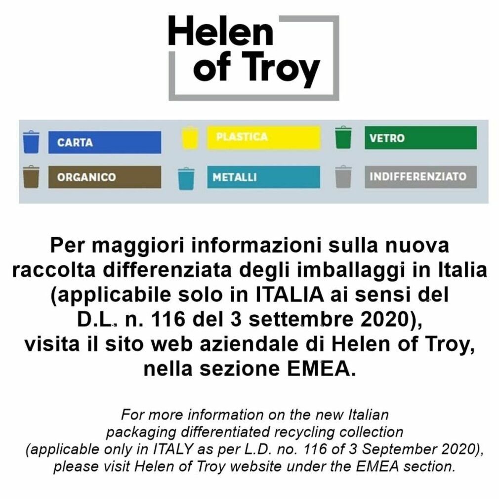 Informationen zur Mülltrennung in Italien. Text in Italienisch und Englisch. Logos für verschiedene Müllarten.