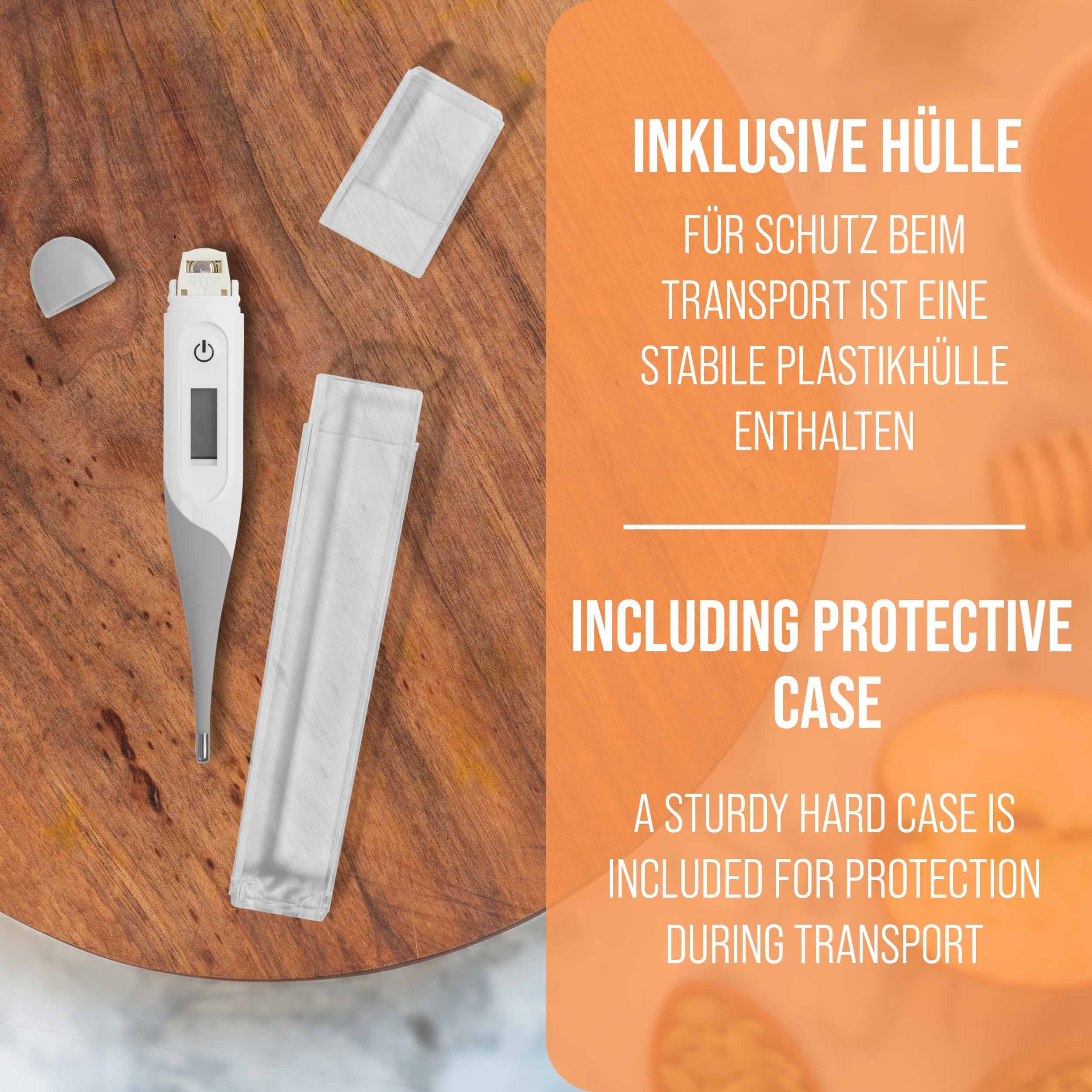 Thermometer und Schutzhülle. Thermometer liegt auf Holz. Hülle aus Kunststoff. Text: 'Inklusive Hülle'.