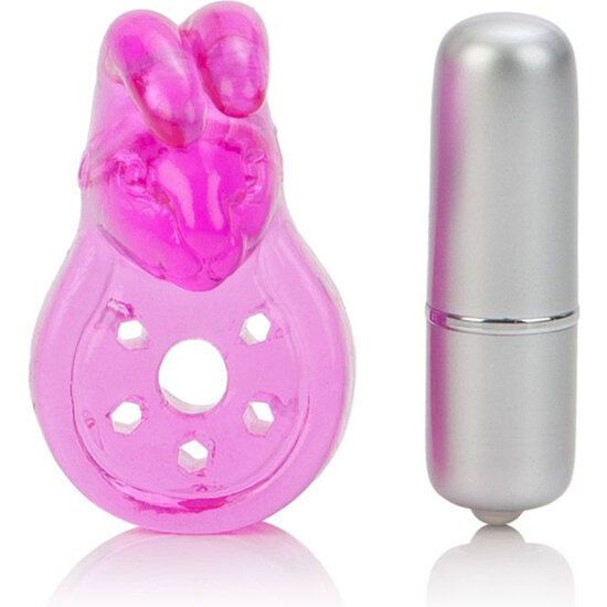 Rosa Vibrator mit Hasenohren und silbernem Zylinder. Der Zylinder liegt neben dem Vibrator. Der Vibrator hat eine runde Form mit Löchern.
