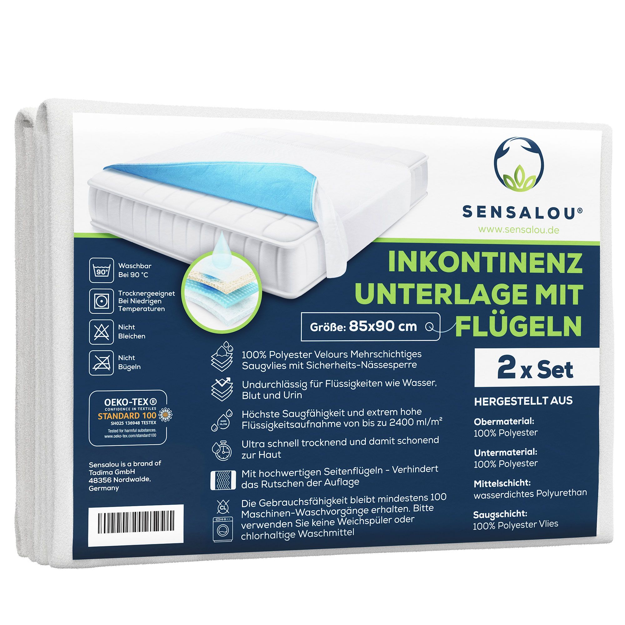 Verpackung von Sensalou Inkontinenz Unterlage mit Flügeln. Größe 85x90 cm. 2er Set. Mit Produktinformationen und OEKO-TEX Standard 100.