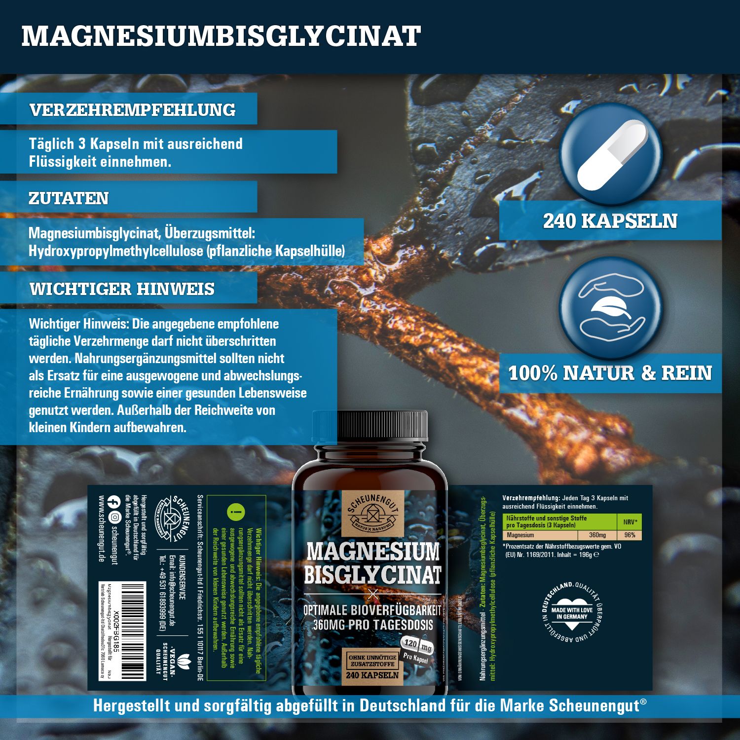 Braune Flasche mit Kapseln. Aufschrift: Magnesiumbisglycinat, 360mg pro Tagesdosis. Marke: Scheunengut. Zutaten und Hinweise.