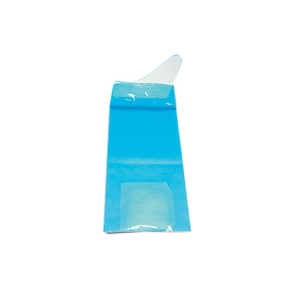 Urinbeutel, blaues Kunststoffmaterial, trichterförmiger Aufsatz. Rechteckige Form, transparentes Fenster.
