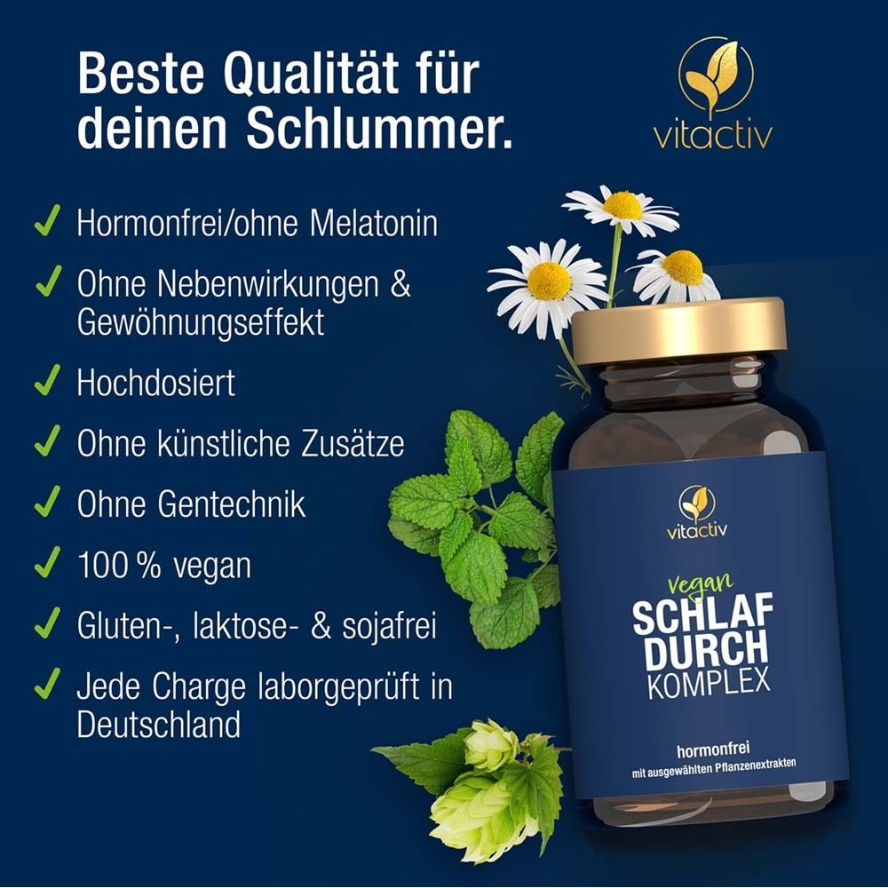 Werbebild mit Produktflasche, Kräutern und Blüten. Text mit Vorteilen des Produkts.