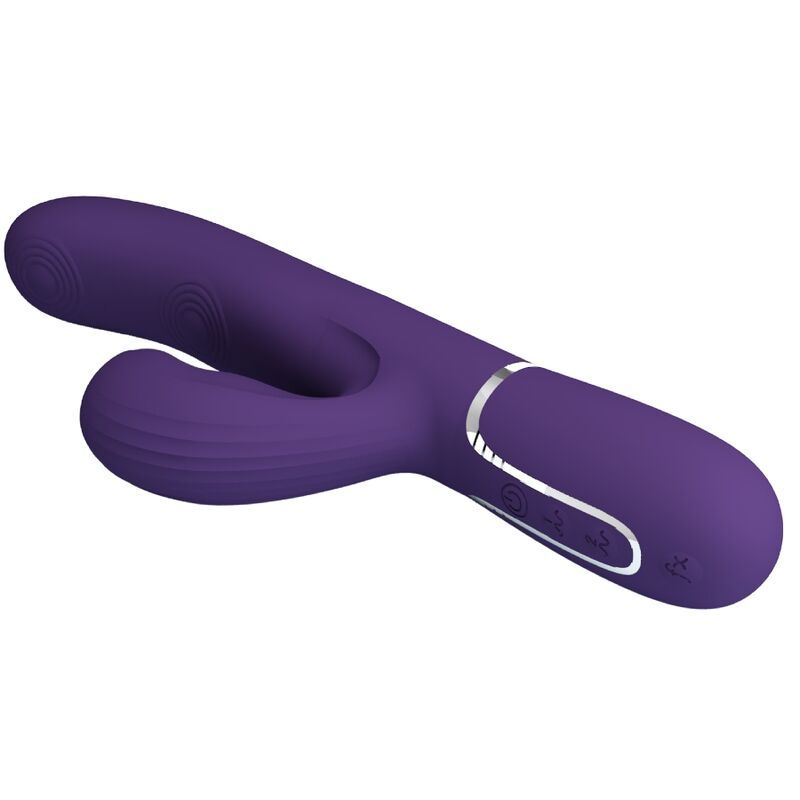 Lila Vibrator mit gebogener Form und geriffelter Spitze. Bedienknöpfe und silberne Zierleiste.