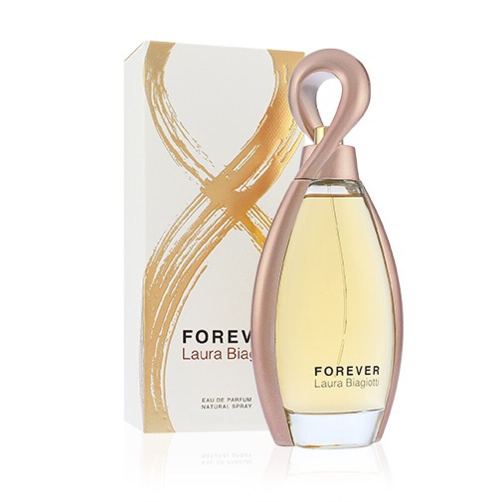 Parfümflasche und Verpackung. Flasche mit roségoldfarbenem Verschluss und Schriftzug Forever Laura Biagiotti. Verpackung mit Schriftzug.