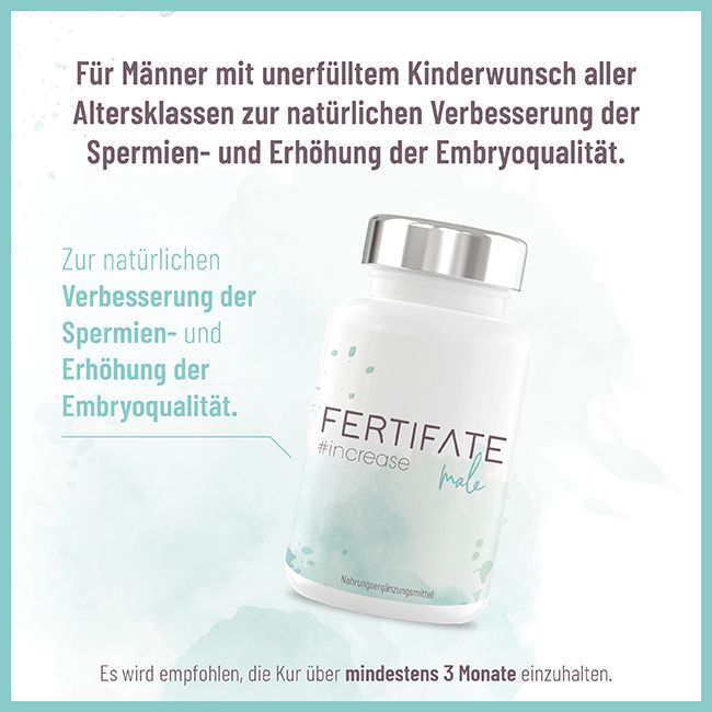 Weiße Flasche mit silbernem Deckel. Aufschrift: FERTIFATE #increase male. Text: Nahrungsergänzungsmittel. Hintergrund: hellblau mit Text.