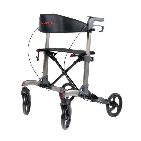 Rehaforum Actimo Premium Leichtgewichtrollator. Grau und schwarz. Vier Räder. Sitzfläche und Rückenlehne.