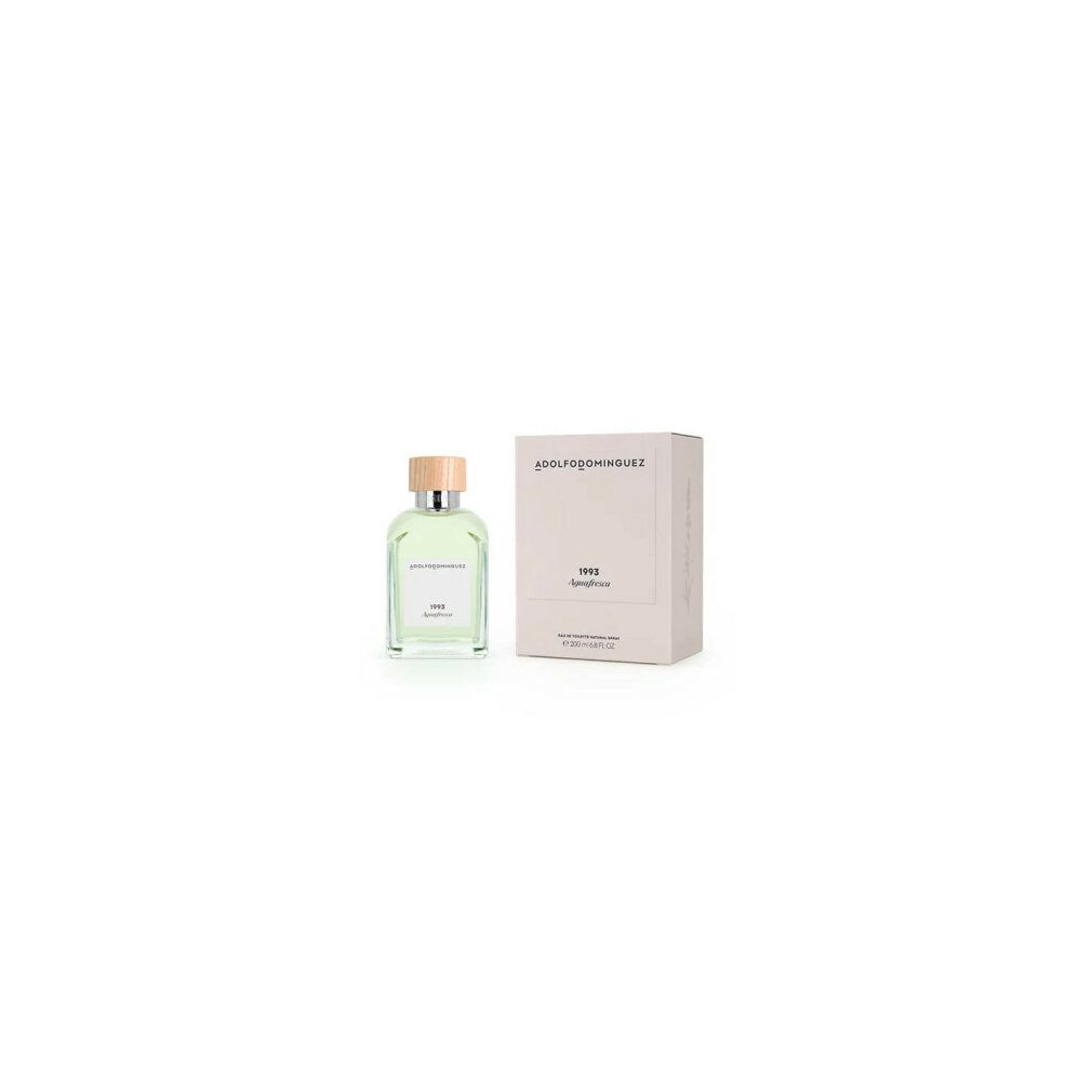 Flakon und Verpackung von Adolfo Dominguez 1993 Agua Fresca Eau de Toilette. Flakon mit Holzdeckel, rechteckige Verpackung mit Logo.