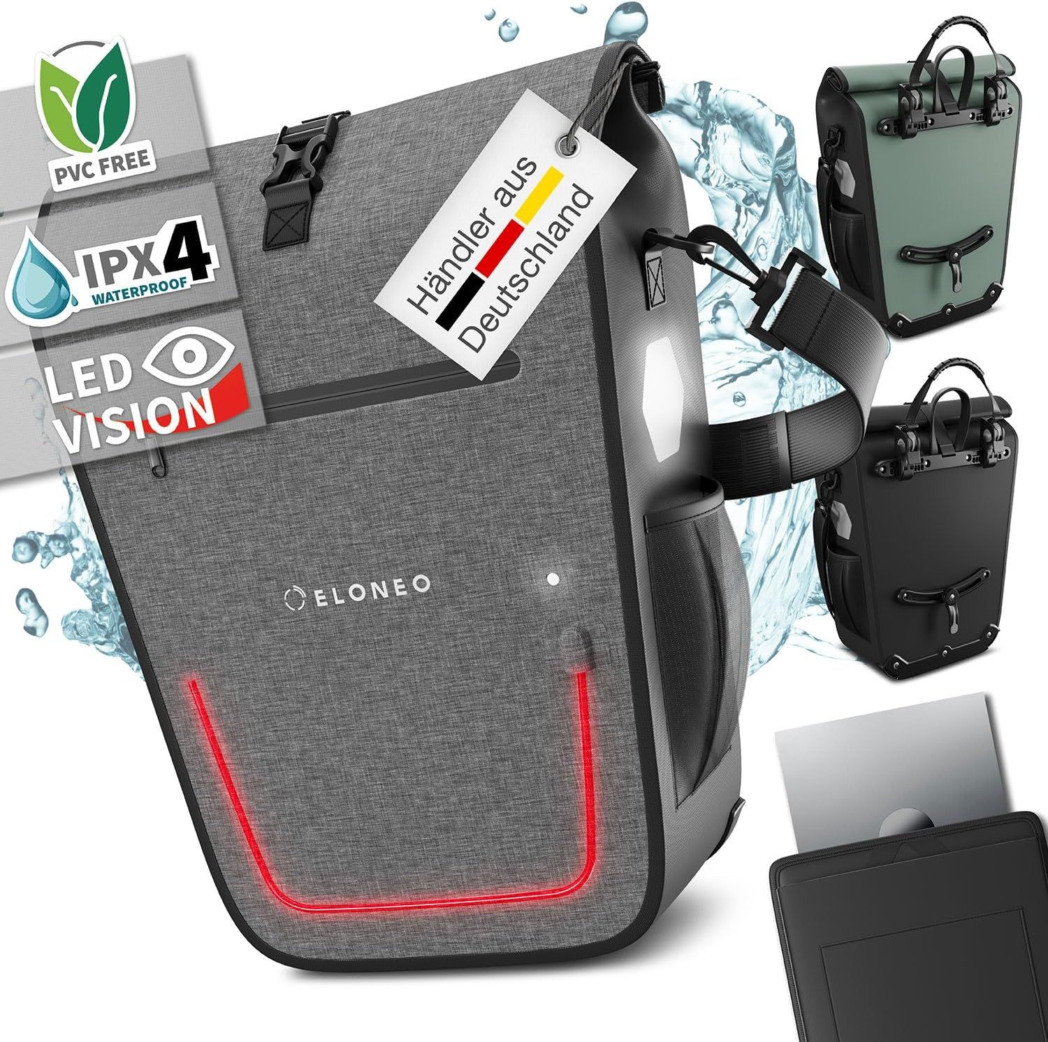 Fahrradtasche mit LED-Vision, wasserdicht, grau. Mit Reflektorstreifen und LED-Beleuchtung. PVC-frei, IPX4 wasserdicht. Händler aus Deutschland.