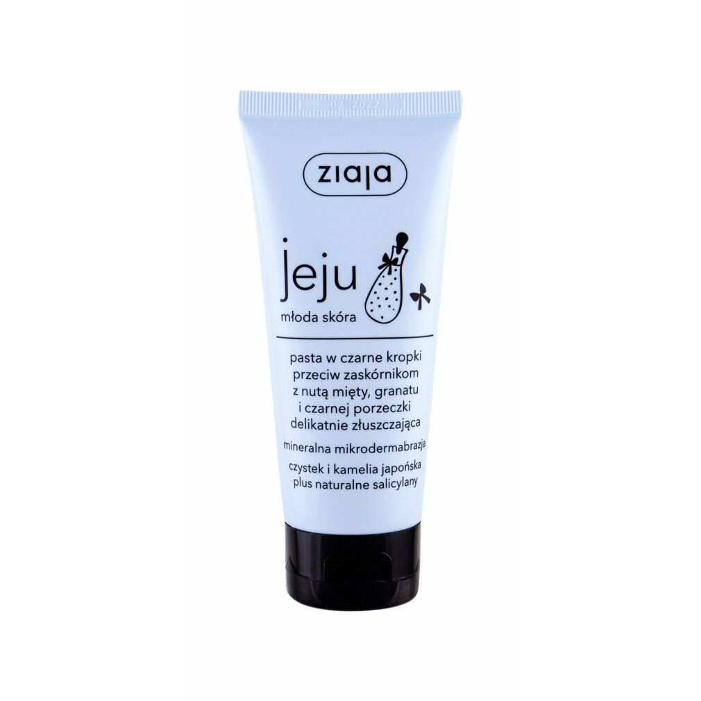 Weiße Tube mit schwarzem Verschluss. Aufschrift "ziaja", "jeju", und Produktbeschreibung in polnischer Sprache.